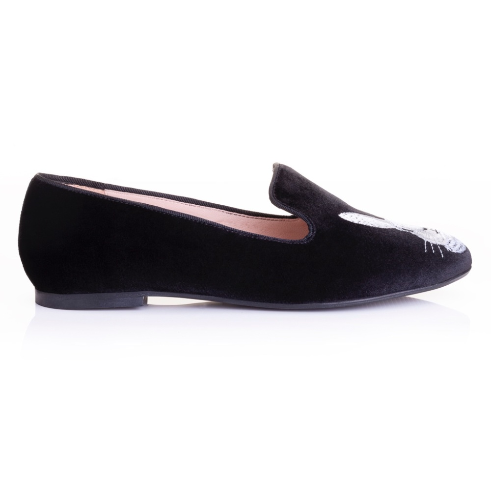 French Sole Hefner Black Velvet Bunny Embroidery Flats - Picture 2 of 7